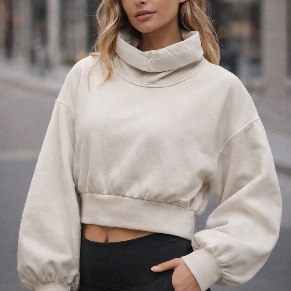 Lululemon Cream Cropped Funnel Neck Sweatshirt | Balloon Sleeve | Size XL